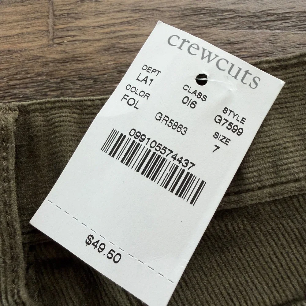 NWT Crewcuts J.Crew Boys Olive Green Straight Stretch Corduroy Pant Size 7 G7599
